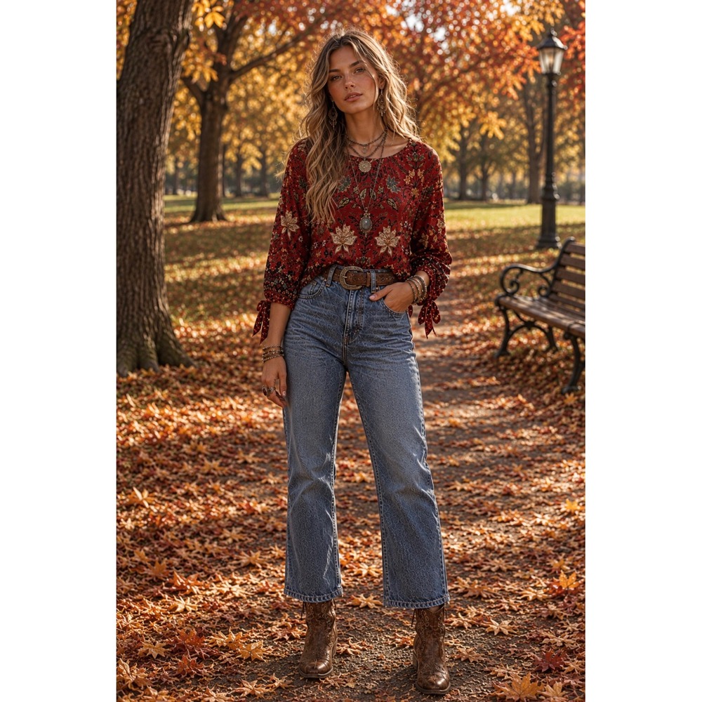 Loft Womens Red Floral Paisley Long Sleeve Tie Cuff Blouse Size M Bohemian